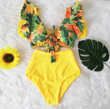 High Waist Ruffle Swimwear Floral Print Push Up Bikinis