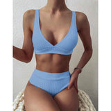 High Waist Push Up Swimwear Ribbed V-Neck Bikini Set