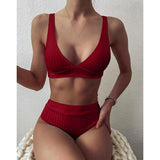 High Waist Push Up Swimwear Ribbed V-Neck Bikini Set