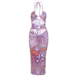 Chiffon Printed Bandage See Through Hollow Maxi Dress