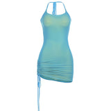 Solid Color Drawstring Wrap Sling Halter Bodycon Mini Dress