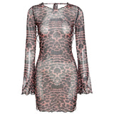 Leopard Print Backless Long Sleeve Mesh Halter Mini Dress