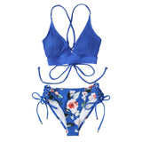 Floral Lace-Up Bikini Set Women V-neck 2-Pieces Swimsuits