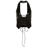 Leather Halter Crop Tops Clubwear Deep V Lace Up T-shirt