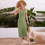 Women Casual Side Split Slim Straight Midi Dress