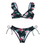 Floral Ruffled V-Neck Bikini Sets Lace Up Two Pieces Swimwear