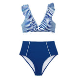 Stripe Ruffled High-Waist Sexy V-Neck Tank 2-Pieces Bikini Set