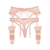 Lace Bow Transparent Underwear Garters Thongs Stockings Set