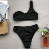 One Shoulder Bikini High Waist Swimwear Rings Ribbed Beachwear