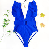 Women Ruffled Deep V Swimsuit With Belt Monokini Swimwear