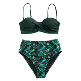 Leafy Print Heart Neck Push Up High-Waisted 2-Pieces Bikini Set