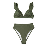 V-Neck Ruffled High-Waist Bikini Set Solid 2-Pieces Swimwear