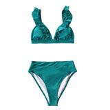 V-Neck Ruffled High-Waist Bikini Set Solid 2-Pieces Swimwear