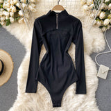 Knitted Stand Collar Long Sleeve Hollow Out Bodysuit Rompers