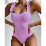 Ribbed Push Up Bodysuit Ruffle Strap 1-Piece Beachwear