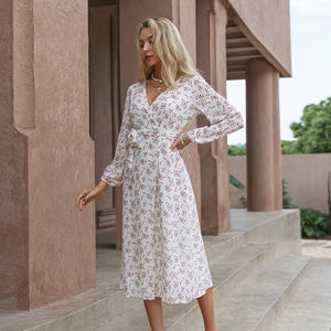 Leaf Print Long-Sleeved V-Neck Wrap Lace-Up A-Line Dress