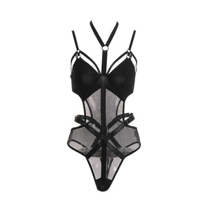 Hollow Out Strap Halter-Neck Mesh One-Piece Bodysuit