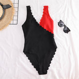 Sexy High Cut One-Piece Scalloped Splicing Ribbed Swimsuit