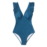 Teal Plunging Solid Swimsuit Women Ruffle Monokini