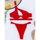 Push Up Cut Out Sexy Micro Thong One Shoulder Bikini Set