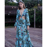 Print Cover Up Tunic Bubble Sleeve Swimsuit With Belt