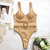 Push Up Bodysuit One Piece Strap High Cut Ribbed Swimwear