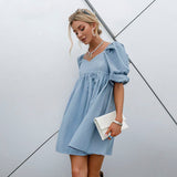 Cotton V-neck Loose Lantern Sleeve High Waist Mini Dress