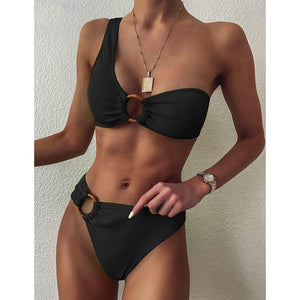 One Shoulder Bikini High Waist Swimwear Rings Ribbed Beachwear