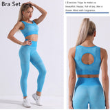 Two Piece Blue Crop Top Bra Leggings Yoga Wear Gym Set