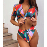 Women's High Waist Bikini Short Sleeve Three-Pieces Swimwear