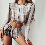 Tassel Vintage Stripe Print 2-Pieces Ruched Crop Top Shorts