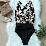 One Piece Halter Swimsuit Print Cross Backless Monokini