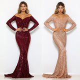 Slash Neck Sequined Maxi Party Dress