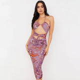 Chiffon Printed Bandage See Through Hollow Maxi Dress