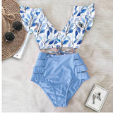 Women's Sexy V-neck High Waist Floral Ruffled Bikini Set