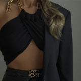 Sexy Backless Ruched Halter Chain Wrap Crop Tops