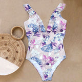 Sexy Print Deep V-Neck Swimsuit Ruffle Push Up Backless Monokini