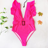 Women Ruffled Deep V Swimsuit With Belt Monokini Swimwear