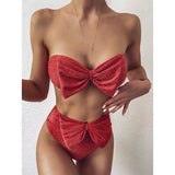 High Waist Bikinis Bandeau Shiny Bow Strapless Swimwear