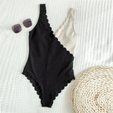 Sexy High Cut One-Piece Scalloped Splicing Ribbed Swimsuit