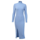 Sexy Knee-Length Cotton Ribbed Solid Split Long Sleeve Party Dresses