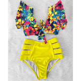 High Waist Ruffle Swimwear Floral Print Push Up Bikinis