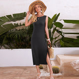 Women Casual Side Split Slim Straight Midi Dress