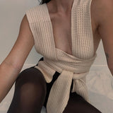 Knitted Crop Tops Sleeveless Pullover Bandage Sweater