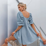 Cotton V-neck Loose Lantern Sleeve High Waist Mini Dress