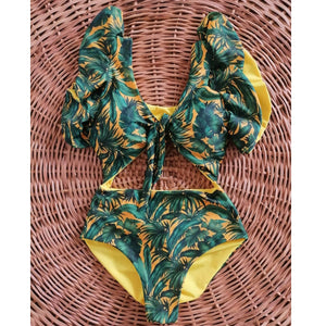 Ruffle Deep V-Neck Push Up Backless Monokini Beachwear