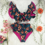 Women's Sexy V-neck High Waist Floral Ruffled Bikini Set