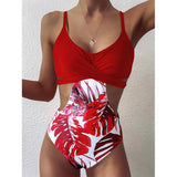 Floral Patchwork One Piece Swimsuit Cross Push Up Monokini