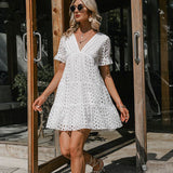 Sexy V-Neck Lace Stitching Short Sleeve A-Line Boho Dress