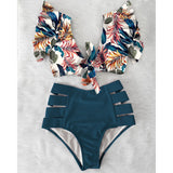 High Waist Ruffle Swimwear Floral Print Push Up Bikinis